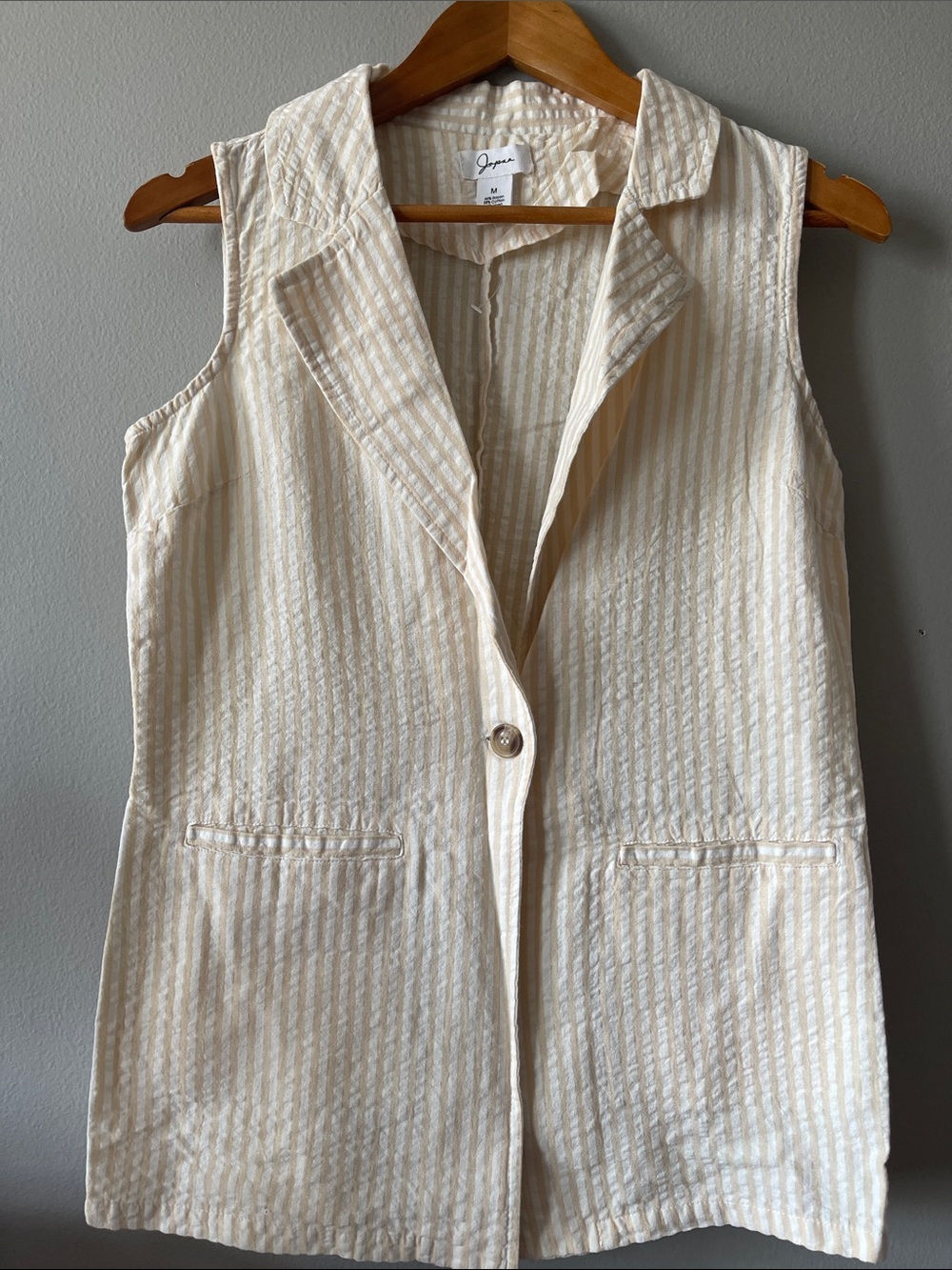 Cream and White Striped Sleeveless Blazer Vest